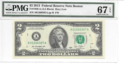 2013 BOSTON $2 FRN (AA Block) PMG 67 EPQ SUPERB GEM UNCIRCULATED - Image 1 of 4