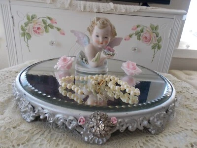 VINTAGE 12 INCH  ROUND BEVELED SILVER CHIPPY PLATEAU MIRROR W/ PINK ROSES &JEWEL - Image 1 of 4