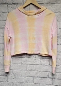 GIRLS SO L 10-12 CROPPED PINK PEACH WHITE TIE DYE FRENCH TERRY HOODIE PULLOVER - Picture 1 of 18