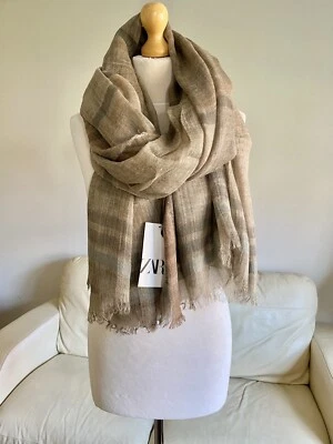 Zara Camel Wool Blend Linen Feel Large Striped Scarf Pashmina Throw New S10 - Image 1 of 4