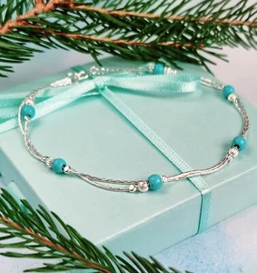 925 Sterling Silver TURQUOISE chain Bracelet Blue 7.5'' December Birthstone - Picture 1 of 7