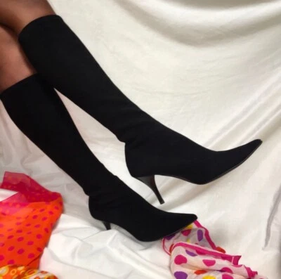 SERGIO ROSSI knee High Black Boots Women’s 40 Stretch Suede Pointed Toe Stiletto - Image 1 of 4