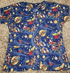 UA Scrubs Christmas Santa Angles Astrology Size Medium Nurse Scrub Top - Picture 1 of 7