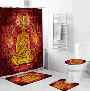 Buddha Shower Curtain Bathroom Rug Set Non-Slip Thick Bath Mat Toilet Lid Cover - Picture 1 of 12