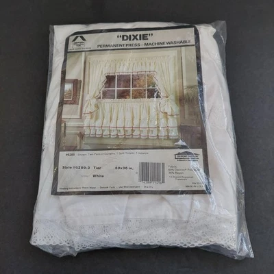 Vtg "Dixie" White Tier Curtain w/ Lace 60" x 36" Dacron/Rayon - NIP - Image 1 of 4
