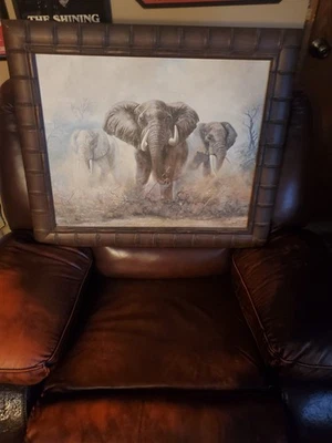 Pintura al óleo original vintage elefantes africanos enmarcada a medida Foto 1 de 4