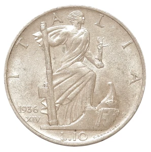 ITALY 10 LIRE 1936 VITTORIO EMANUELLE SILVER COIN, SOME LUSTER - Picture 1 of 5