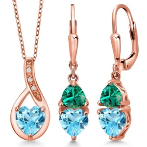 18K Rose Gold Plated Silver Swiss Blue Topaz and Nano Emerald Pendant Earrings - Picture 1 of 4
