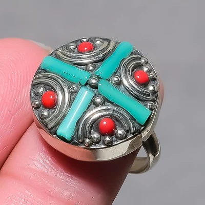 Anillo ajustable nepalí joyería regalo hecho a mano coral rojo turquesa tibetano SR 3279 Foto 1 de 4