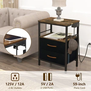 Nightstand with Charging Station Side Table with Fabric Drawers and Open Shelf - Picture 1 of 5
