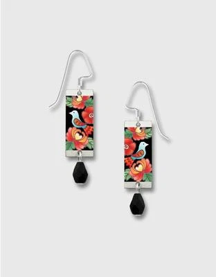 Pendientes largos rectangulares con flor roja de pájaro azul de gancho de plata esterlina Lemon Tree Foto 1 de 4