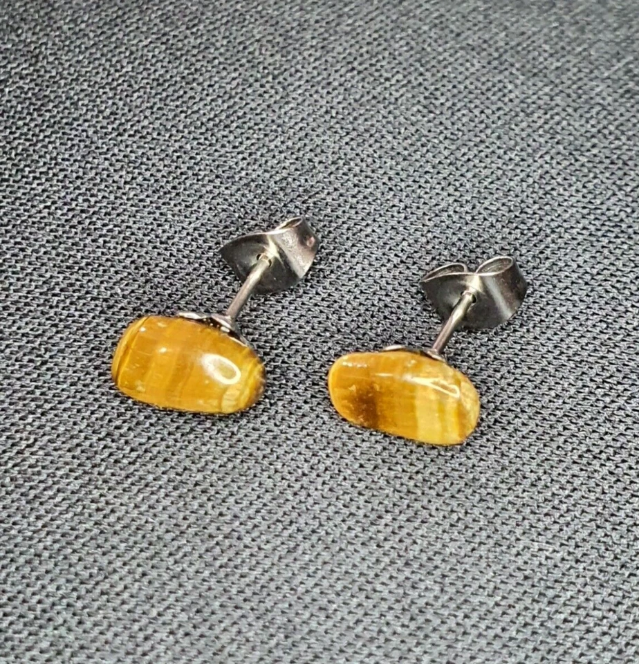 Natural Tiger's Eye Crystal Stone Chip Stainless Steel Stud Earrings Cute Gift - Image 1 of 4