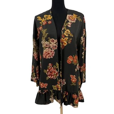 Kimono Zara Basic Estampado Floral Volantes Dobladillo Tencel Manga Larga M-L Foto 1 de 4