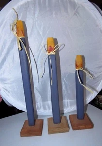 COUNTRY PRIMITIVE TREASURES BLUE 3 PIECE WOOD CANDLE STICK SET - Picture 1 of 8