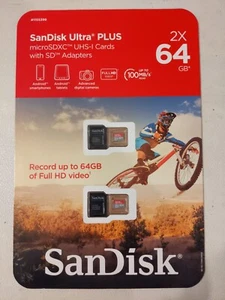 SanDisk 2X 64GB Ultra Plus MicroSDXC UHS-I Cards With SD Adapters Factory Seal - Picture 1 of 3