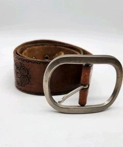 Vintage 70s Wide Brown Western Leather Belt Embossed Flowers Silvertone Buckle - Picture 1 of 13