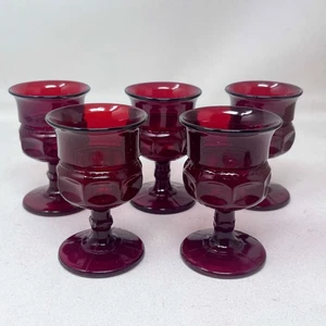 Vintage Indiana Kings Crown Cordial Thumbprint Ruby Red 5 Pc Footed Goblet Glass - Picture 1 of 6