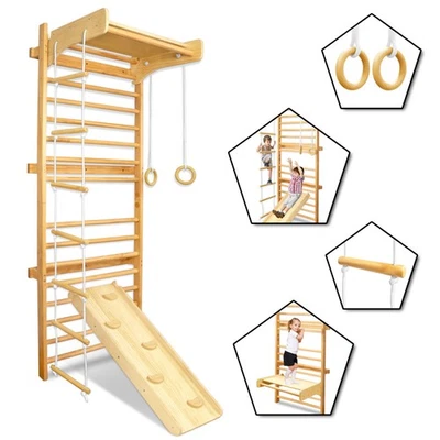MARKENLOS Holz Sprossenwand Indoor: Strickleiter+Klimmzugstange+Ringe, Kinder Turngeräte