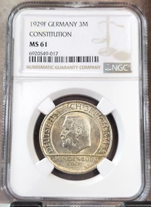 1929 F GERMANY SILVER 3 MARK CONSTITUTION HINDENBURG NGC MS 61 STUTTGART MINT - Picture 1 of 3