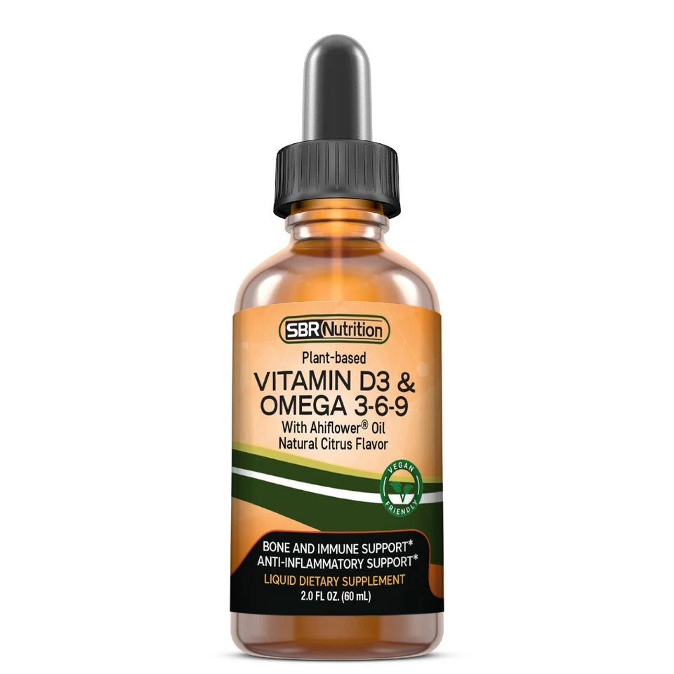 Веганский витамин D3 и омега 3-6-9 жидкие капли с ахифлоровым маслом, цитрусовые, 2 жидких унц - Изображение 1 из 4