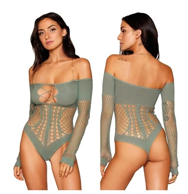 SEAMLESS LONG SLEEVE TEDDY WITH REMOVEABLE GOLD HALTER CHAIN - Image 1 of 4