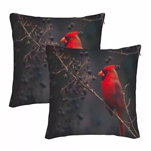 Red Cardinal Set of 2 Throw Pillow Covers Winter Bird On Berry Tree Nature Sq... - Picture 1 of 9
