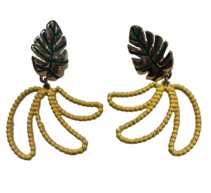 Sugar Fix Banana / Leaf Post Dangle Earrings Gold Tone Yellow Enamel 1.5”no Back - Picture 1 of 10
