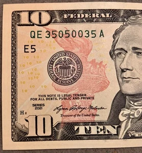 NEW UNCIRCULATED $10 TEN DOLLAR BILL Fancy Number Trinary 2021 QE 35050035 A - Picture 1 of 3