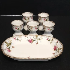 Set of 5 Vintage Chodziez Poland Porcelain Egg Cups & Dish with Roses - Picture 1 of 5