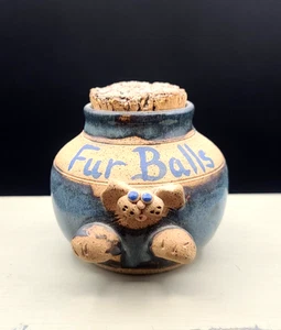 Studio Art Pottery Cat Face Jar With Cork Fur Balls Signed Blue Glaze - Picture 1 of 6