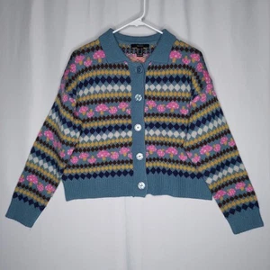 Cárdigan Fair Isle Mushroom Mediano Retro Botón Recortado Azul Rosa Bosque Hada - Imagen 1 de 7