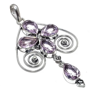 Natural Kunzite Quartz Gemstone 925 Sterling Silver Pendant 3.2" C358 - Picture 1 of 7