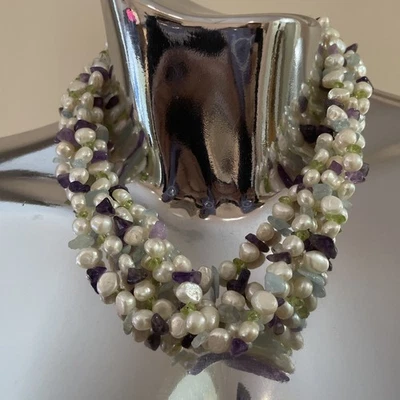 Ross-Simons Multicolored Pearl & Gemstone Torsade Necklace Sterling Silver Clasp - Image 1 of 4