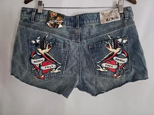 Pantalones Cortos de Denim para Mujer Don Ed Hardy Pintados Born Free Design Talla XL - Imagen 1 de 7