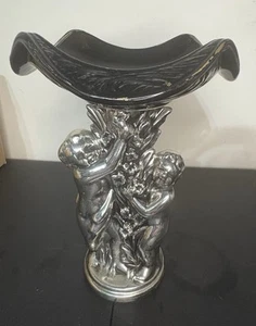 Vintage USA Pottery Silver Glaze Cherub Pedestal Black Gold Bowl 11 in Compote - Picture 1 of 6