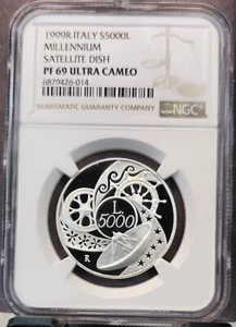 1999 ITALY SILVER 5000 LIRE MILLENNIUM SATELLITE DISH NGC PF 69 ULTRA CAMEO - Picture 1 of 3