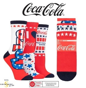 Coca Cola Socks Womens Stars and Stripes Cotton Design Fun Gift Idea 3 Pair Pack - Picture 1 of 6