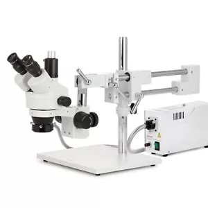Amscope 7X-45X Simul-Focal Stereo Zoom Microscope Dual Arm Boom Stand+Ring Light - Picture 1 of 15