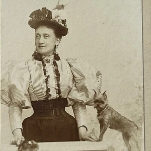 Antique CDV Photograph Beautiful Fashionable Affluent Woman Tiny Yorkie Dog - Picture 1 of 12