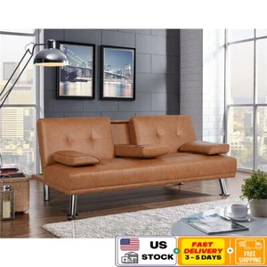 Luxury Faux Leather Convertible Futon Sofa Bed W/ Drink Holders Pillows Durable - Picture 1 of 10