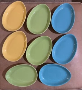 Crate & Barrel Oval Egg Shape Snack Plates Set Of 8 Easter, Yellow, Blue, Green - Picture 1 of 6