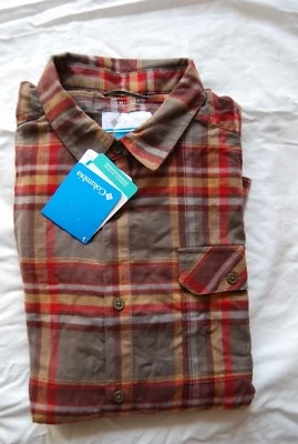 NUEVO CON ETIQUETAS Camisa Grande Marrón Gris Rojo Cuadros COLUMBIA Omni-Mecha Botón Frontal LS Foto 1 de 4