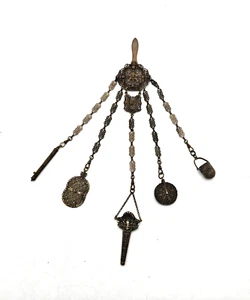 Victorian Antique English Silver Chatelaine & 5 Accessories Charms F2 - Picture 1 of 8