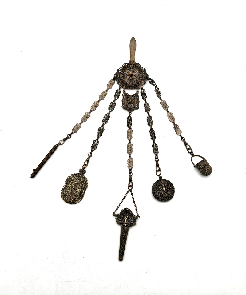 Dijes victorianos antiguos ingleses de plata Chatelaine y 5 accesorios F2 Foto 1 de 4