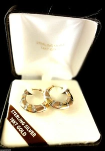 14kt Gold & Sterling Silver Tri Color Diamond Cut Round Hoop Earrings - Picture 1 of 3