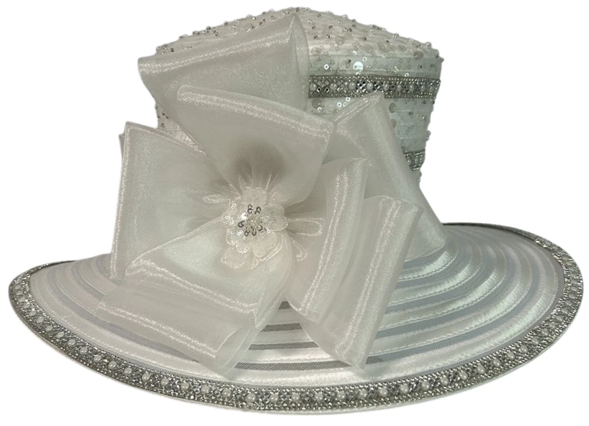 White Easter, Mothers Day, weddings Kentucky Derby Satin Ribbon Hat Women's - Image 1 of 1