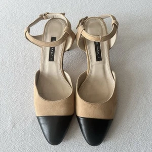 Zara Basic Square Toe Block Heels Buckle Beige Black Two-tone Shoes Women’s 40/9 - Picture 1 of 8