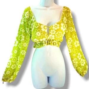 Madden NYC Floral Crop Top Size M Long Puffy Sleeve Sage Green Retro Y2K Style - Picture 1 of 12