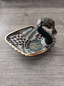 VINTAGE PORZELLAN CLOISONNE SCHWAN MIT FISCH SCHMUCKSCHALE 2,5 ZOLL TOP - Bild 1 von 4