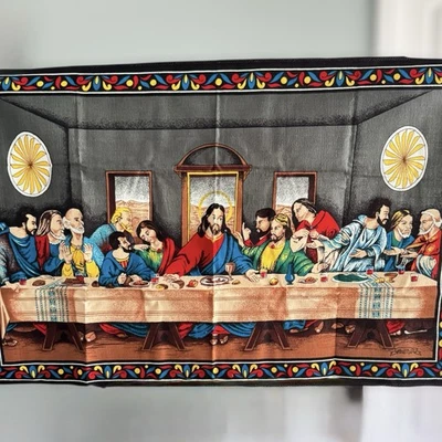 Vintage Da Vinci JESUS THE LAST SUPPER Religious Cotton Tapestry 55x36 Wall Art - Image 1 of 4